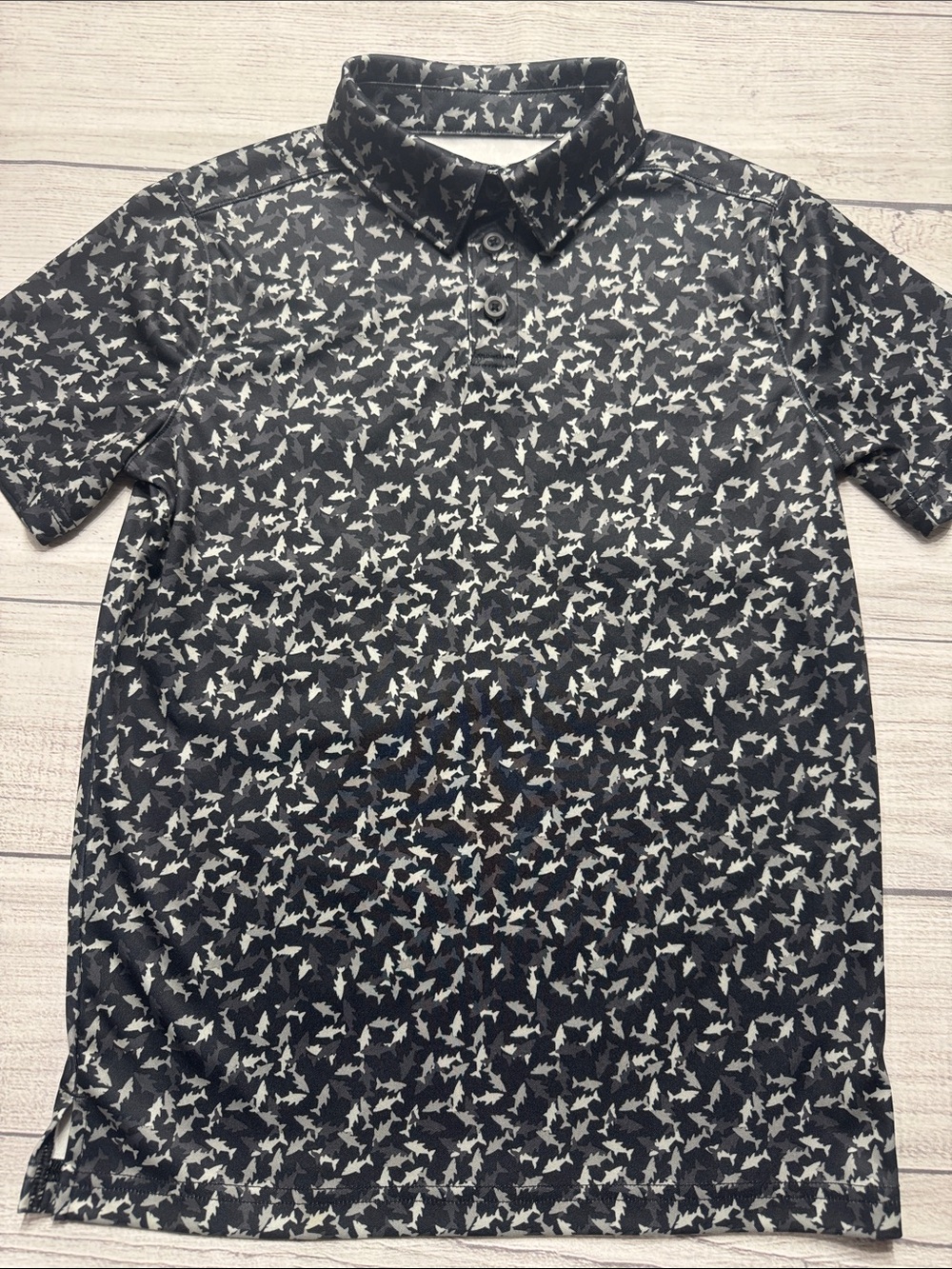 bcg Golf Boys Black Polo Shirt with Gray Shark Print